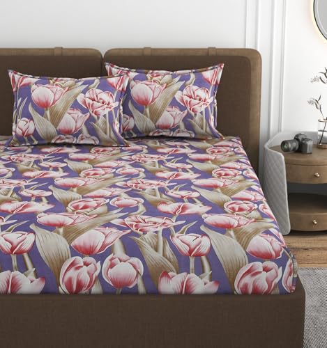 Image of VOMZER 320 TC Cotton Feel All Around Elastic Fitted Bedsheets Double Queen Size, Premium Elastic Fitted King Size Bed Sheet for Double Bed with 2 Pillow Covers, Size- 72 inch x 72 inch