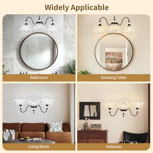 Image of Oil Rubbed Bronze Finish Bathroom Vanity Light, 3-Light Vintage Vanity Light with Floral Clear Glass Shades, Retro Wall Mount Lighting for Bathroom, Dressing Table