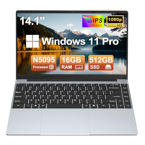 MITUNTUN Ordenador portátil de 14 pulgadas, portátil para juegos N5095 (hasta 2.9 GHz), 16 GB de RAM, 512 GB SSD, pantalla FHD (1920 x 1080), WiFi+BT, Windows 11 Pro, ángulo abierto de 180°