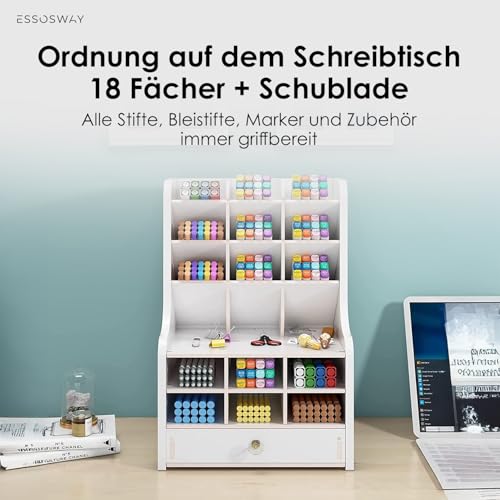 ESSOSWAY Stifte Organizer Schreibtisch - Stiftehalter - 18 Fächer und Schublade - Aufbewahrung Buntstifte Bleistifte Marker - Büro Schule - Weiß