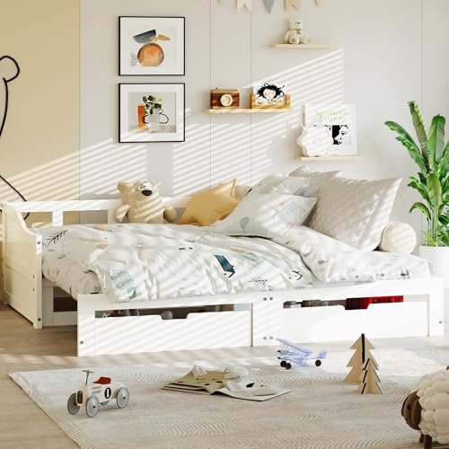 BSMGSGN Divano Letto Bianco Trasformabile 90/180x200 cm, Letto Matrimoniale con Divano Letto Estraibile, Struttura a Doghe in Legno Massello, Nessun Materasso (Bianco-D, 90/180x200 cm)