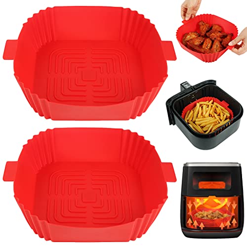 BYKITCHEN Air Fryer Silicone Liner, 2 Pack Air Fryer Silicone Pot Square, Silicone Baking Basket/Tray, Air Fryer Accessories for COSORI, Ninja, Tower, Salter Air Fryer (Red)