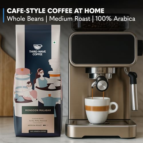 Image of THIRD WAVE COFFEE Arabica Monsoon Malabar Coffee, Medium Roast, Fine Grind for Home Espresso Brew Style, 250g