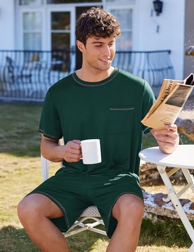 Image of Ekouaer Men's Pajamas Set Casual Short Sleeve Shirts and Shorts Soft 2 Piece Loungewear With Pockets