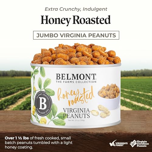 Image of Belmont Peanuts Gourmet Honey Roasted Virginia Peanuts, 25 oz (1 Pack) - Only 8 Simple Ingredients, No Preservatives, 6g Protein - A Premium, Sweet, Salty, Crunchy, Hand Seasoned Snack