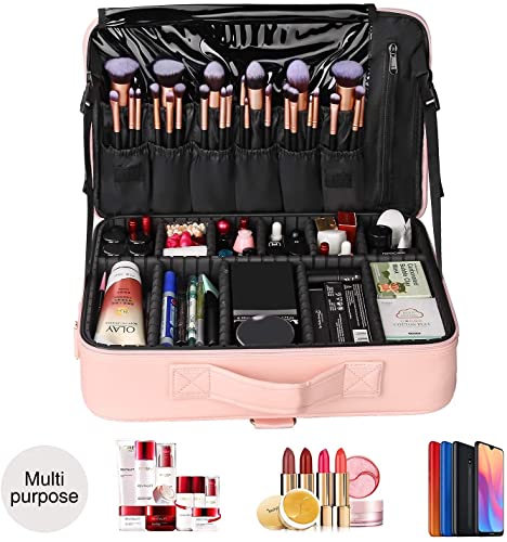 Image of Adson Large Makeup Bag 3 Layers Professional Train Cosmetic Bag Makeup Organizer Case Artist Storage Brush Box with Adjustable Dividers and Strap for Makeup Accessories (Rose Pink)