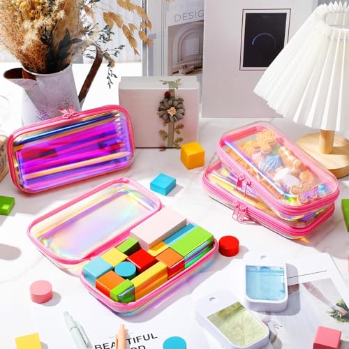 Image of Hoolerry 4 Pcs Hard Clear Zipper Case Makeup Bags Plastic Zipper Pouch Transparent Storage Box Containers for Cosmetics, Snacks, Building Blocks, Puzzles(Clear,7.5 x 3.9 x 2 in,Pink Laser)