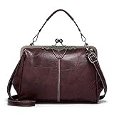 Vintage Kiss Lock Handbags for Women Oil Leather Evening Clutch Satchel Purse Tote, Coffee, 1