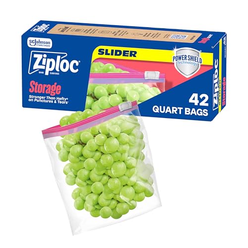 Ziploc Quart Food Storage Slider Bags, Power Shield Technology for More Durability, 42 Count
