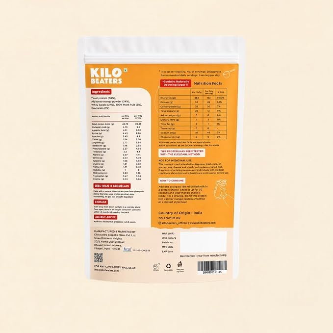 Image of Kilobeaters Whey Protein Isolate Powder with Yeast Protein 50g (Pack of 8) | Combo Pack of 2 | Real Alphonso Mango | 26g Protein Per Scoop | Gut-Friendly | Zero Fillers | Monk Fruit Sweetened