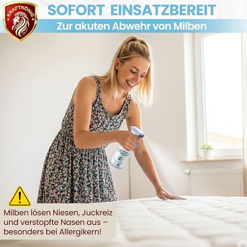 KRAFTKÖNIG Milbenspray 500 ml – Hochwirksames Abwehrspray gegen Milben – Milbenspray für Matratzen, Polster & Textilien mit Langzeitschutz – Geeignet für Kinder, Allergiker & Haustiere