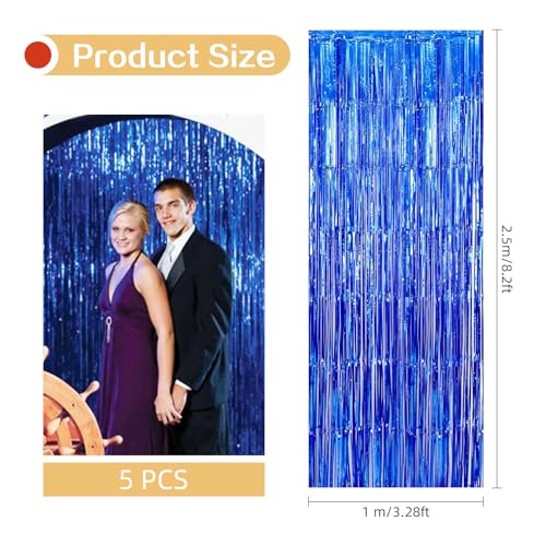 Image of 5 Pack Blue Fringe Foil Curtains 3.2ft x 8.2ft Tinsel Backdrop Streamers for Birthday Party Decoration Wedding Christmas Decoration (Navy)