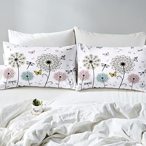 Castle Fairy Dragonfly Butterfly Duvet Cover Set King Size,Watercolor Dandelion Plant Comforter Cover With 2 Pillowcases,Nature Animals Bohemian White Chic Bedding Set For Adult Couple Room Decor thumb #3