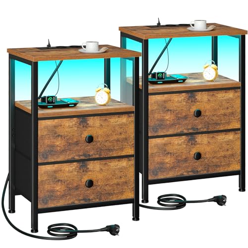 AMHANCIBLE Nachttisch 2er Set, Beistelltisch mit Ladestation und LED-Leuchten, Sofatisch mit 2 Stoffschubladen, Nachtschrank aus Holz mit offenem...