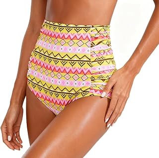 Septangle Women's Vintage Super High Waisted Bikini Bottom Shirred Tankini Briefs Tummy Control Swimsuits Bottoms