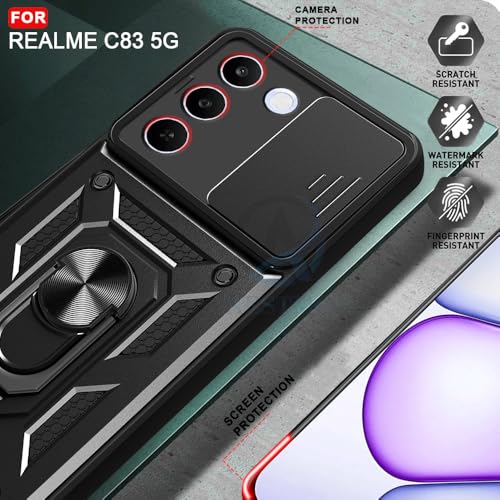 Image of AESTMO Tough Armor Realme C83 5G / Realme P4 Lite 5G Bumper Back Case Cover | Ring Holder & Sliding Camera Shield Cover | 360 Degree Protection Back Case Cover (Black)