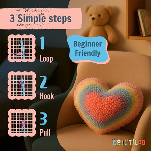 Image of Latch Hook Kit for Kids - Rainbow Heart Rug Pillow Craft, Ages 6+