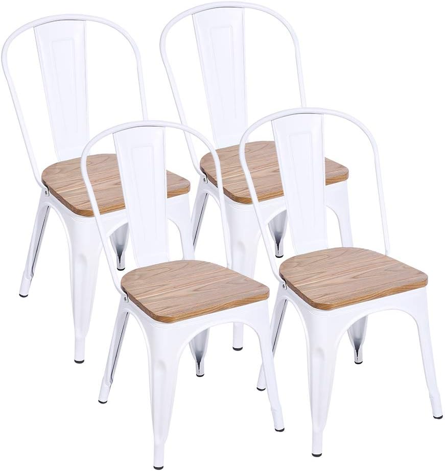 H JINHUI 4 Sets Metal Dining Chair - White Industrial Stackable Solid Wooden Seat Antique Kitchen Dining Chair for Wedding Café Restaurant Trattoria BBQ