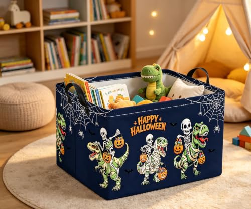 Image of Halloween Basket Cute Baskets for Kids Pumpkin Basket Rectangular Storage Bin Organizer Box Room Decor(Blue Halloween Dinosaur)