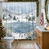 Schnee-Duschvorhang, Winterlandschaft, Seehäuser, Winter, blau, Polyester, wasserdicht, Toilettenstoff, Duschvorhänge, Dekoration für Toilette, Badezimmer, Wohnheim, 183 x 183 cm