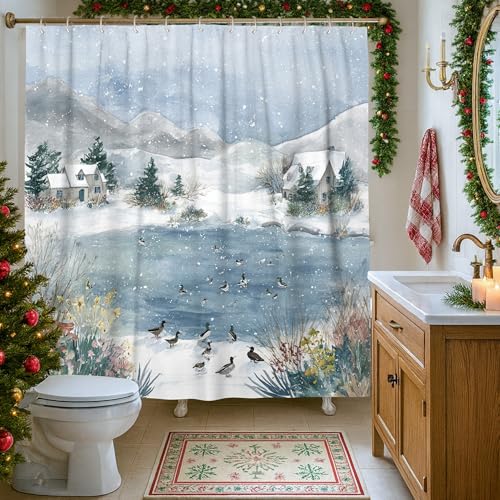 Schnee-Duschvorhang, Winterlandschaft, Seehäuser, Winter, blau, Polyester, wasserdicht, Toilettenstoff, Duschvorhänge, Dekoration für Toilette, Badezimmer, Wohnheim, 183 x 183 cm
