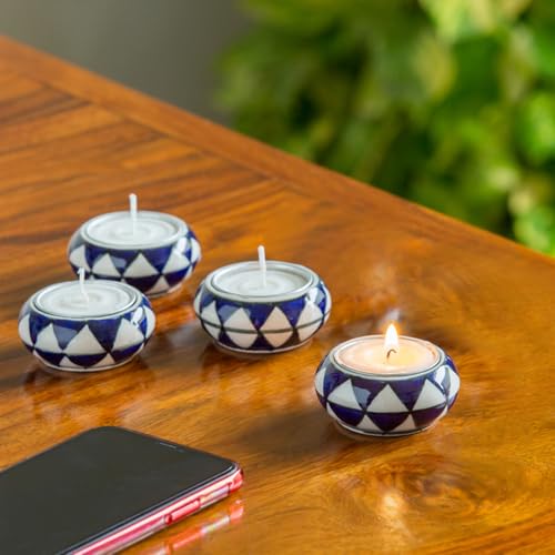 Image of ExclusiveLane 'Shimmering Mughal' Ceramic Table Tea Light Candle Holders for Home Decoration (Set of 4, Geometric Handpainted) |Tea Light Holder Decorative Tea Light Candle Holder Stand for Decoration