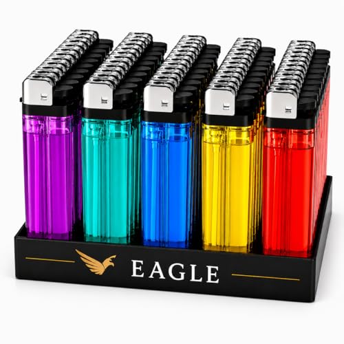 Eagle 50 Count Disposable Lighters Assorted Color Utility Pack with Display Tray Transparent Body for Home BBQ Camping Candles & Emergency Kit