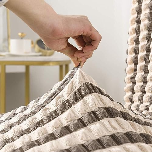 Image of House of Quirk Turkish Bubble Frill Chair Cover Stretch Removable Washable Short Dining Chair Cover Protector Seat Slipcover (Beige Stripe, Pack of 1) Polyester