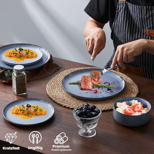 Geschirr Set für 6 Personen, Onader 18 Teiliges Steinzeug Tafelservice Kombiservice, je 6 Speiseteller, Dessertteller, Müslischalen, Spülmaschinenfest & Stabil - Gelassenheit Blau