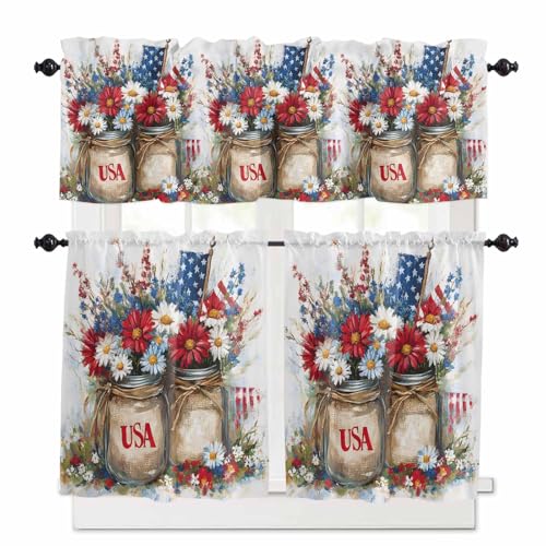 4th of July Floral Kitchen Curtains 24 Inch Length,3 Piece Rod Pocket Small Half Tiers and Valance Set,American Flag Red White Poppy Flowers Small Large Window Treatment Decor for Bedroom/Bathroom