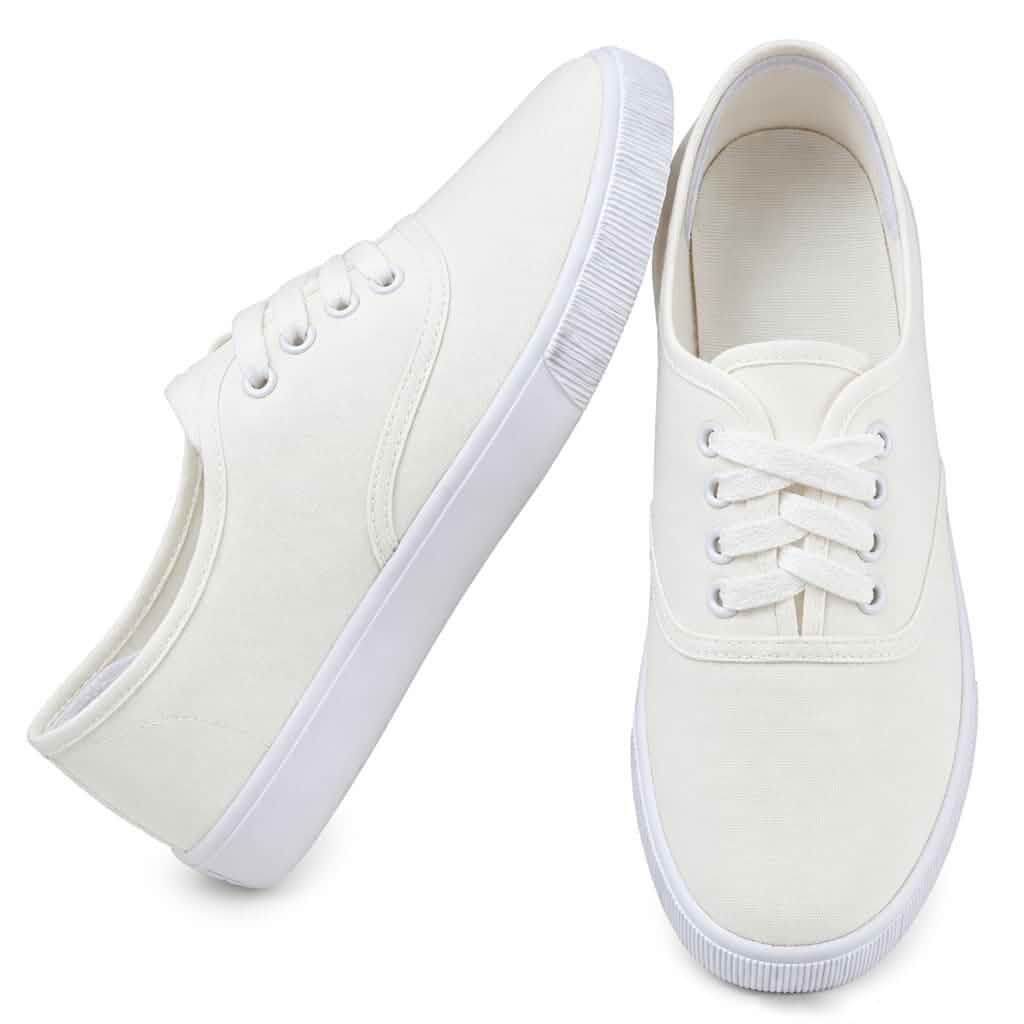 Aelonkoa Womens White Canvas Sneakers Lace Up Canvas Shoes Low Top Fashion Casual Walking Shoes