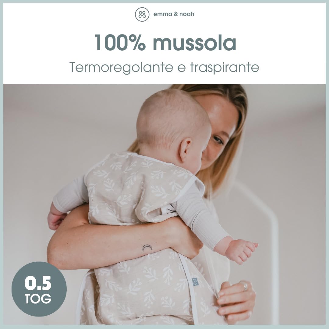 emma & noah Sacco nanna 0,5 TOG, in mussola per l'estate, 100% cotone biologico, certificato Oeko-Tex, traspirante e leggero, sacco a pelo per neonati, Fiore Bacca, 70 cm