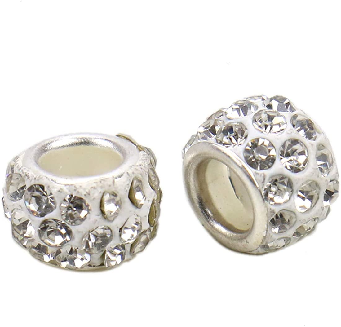 Rondelle Beads, ELECDON 100Pcs 12MM Large Hole Rhinestone European Beads, Diamond Hair Beads for Bracelet Charms Bracelet (White)