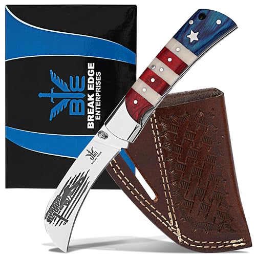 BE BREAK EDGE Hawkbill Knife Folding Pocket Knife with Curved Blade Lineman Tools Stainless Steel construction. (White Red and Blue)