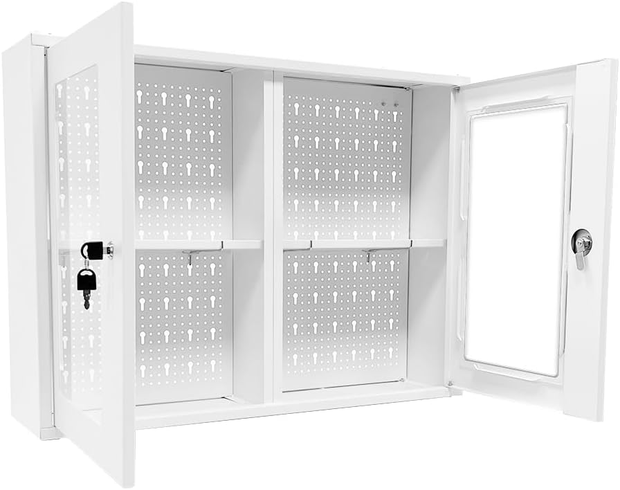 JZD Metal Wall Cabinet, First Aid Steel Hanging Medicine Chest with Lockable Aacrylic Windows (Not Glass), 2 Adjustable Shelves for Kitchen Bathroom Home Office, White