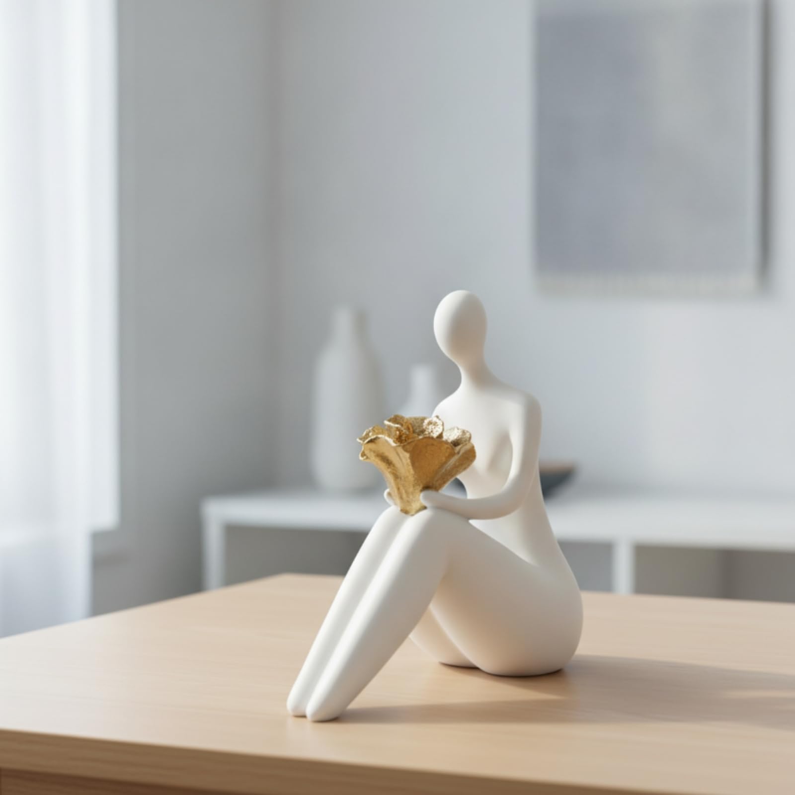 LOVIVER Escultura Figura Estatua Decorativa Adorno Moderno Figura Sentada en Resina con Detalle Dorado Acabado Huevo Adecuada para Sala de Estar Recibidor