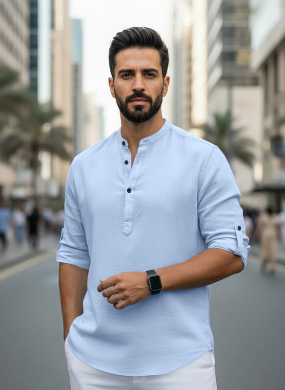 Image of Men Cotton Blend Mandarin Collar Casual Kurta Shirt | Roll-Up Sleeves | Regular Fit Ethnic Short Kurta for Daily