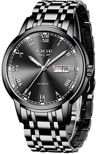LIGE Men Watches Casual Black Steel Wristwatch Men Sport Waterproof Chronograph Analog Quartz Watch Men Fashion Dress Business Date Clock Casual Men Watch