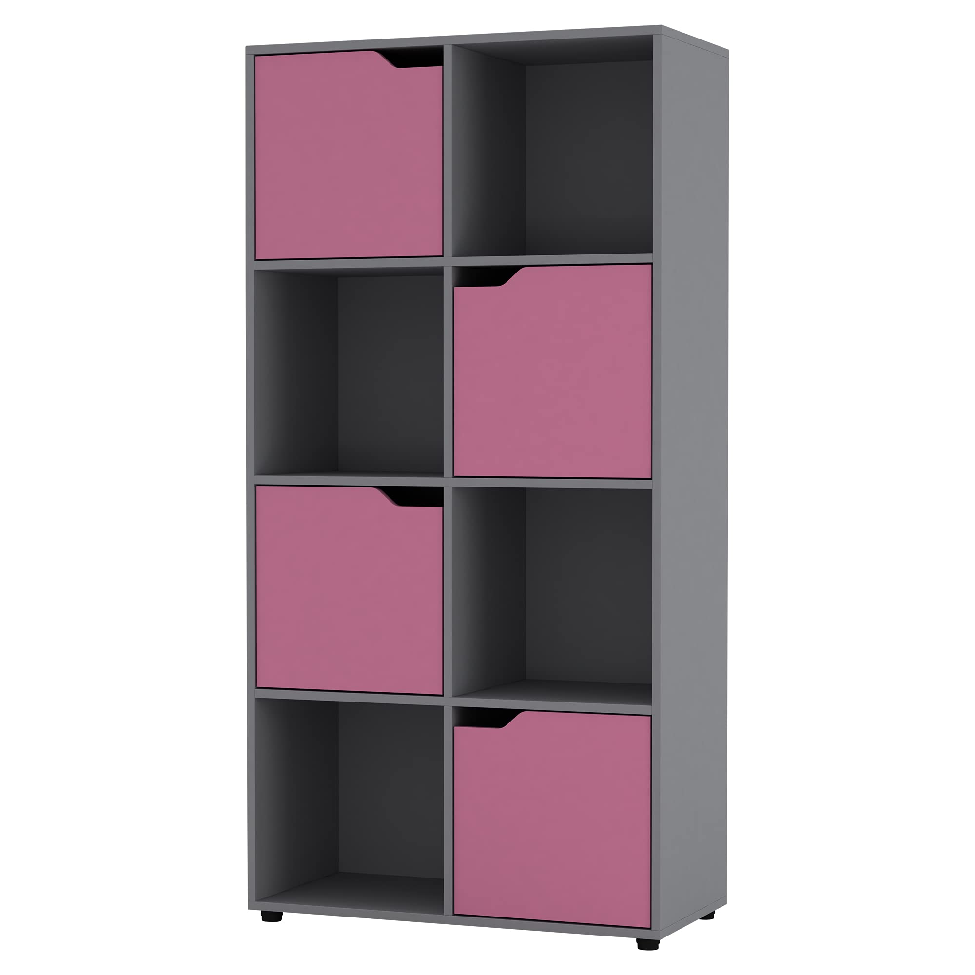 URBNLIVING Wooden Cubed Bookcase With Doors (8 Cube, Grey Bookcase And Pink Door)