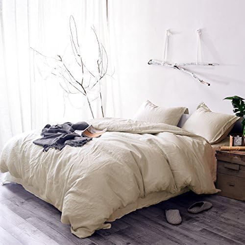 Whitney Home Textile Natural Quality Vintage Style 100% Linen Duvet Cover Set 3 Pieces (1 Duvet Cover, 2 Pillow Shams) - Hypoallergenic Breathable Quilt Comforter Cover - Solid Bedding Linen/Tan King