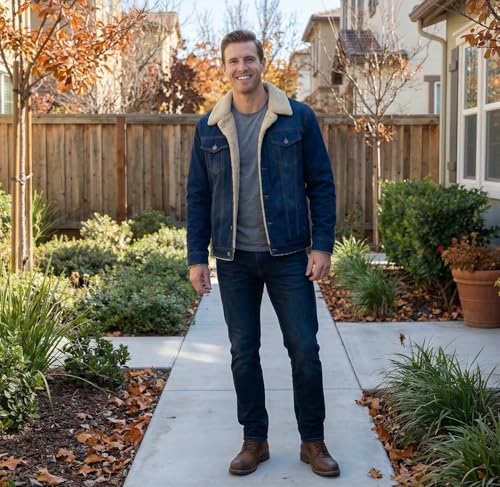 Image of HOW'ON Men's Plus Cotton Warm Fur Collar Sherpa Lined Denim Jacket Button Down Classy Casual Quilted Jeans Coats Outwear