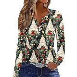 Camisetas Henley de manga larga con estampado de árbol de Navidad y copo de nieve para mujer, camisetas con cuello en V y botones, 2-verde oscuro, XXL