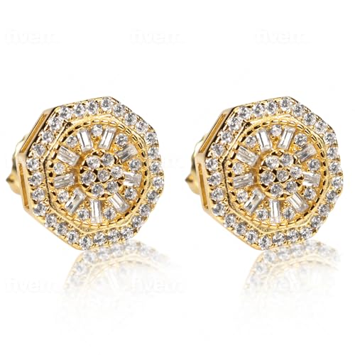 Men's 14K Yellow Gold 925 Sterling Silver Cz Hip Hop Octagon Cluster Stud Screw Back Earrings, M, Sterling Silver, Cubic Zirconia