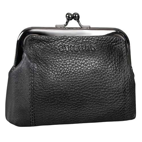 STILORD Goldie Monedero Mujer Boquilla Cuero Vintage Cartera pequeña Mujer Piel Genuina Antiguo Billetera con Cierre de Beso Retro con Caja de Regalo Color:Negro