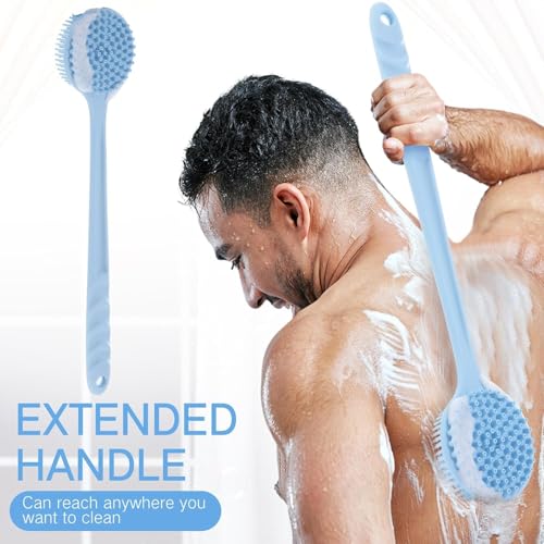 Image of Silicone Bath Brush with Long Handle - Soft Bristles Back Scrubber for Shower | Body Massage - Exfoliating Dirt Removal Brush for Men | Women (Pink & Blue Combo Set)