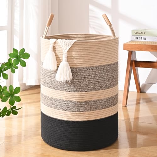 Image of Large Laundry Basket, Laundry Hamper with Leather Handles, 75L Woven Dirty Clothes Hamper, Rope Hampers for Bedroom, Barthroom, Brown Black