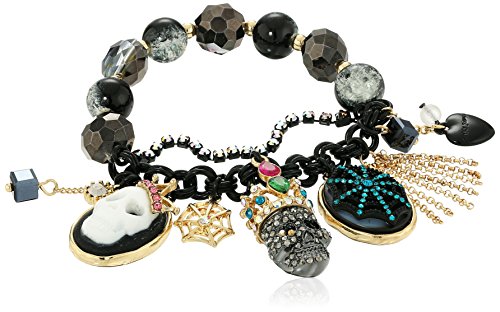Betsey Johnson "Skeletons After Dark" Pave Skull Multi Charm Half Stretch Bracelet