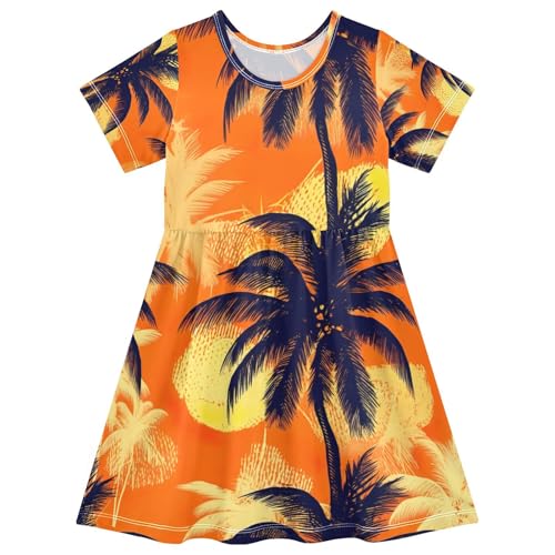 Palm Tree Orange Girls Short Sleeve Dress Quick Dry Toddler Summer Outfit 2T to 8 Years