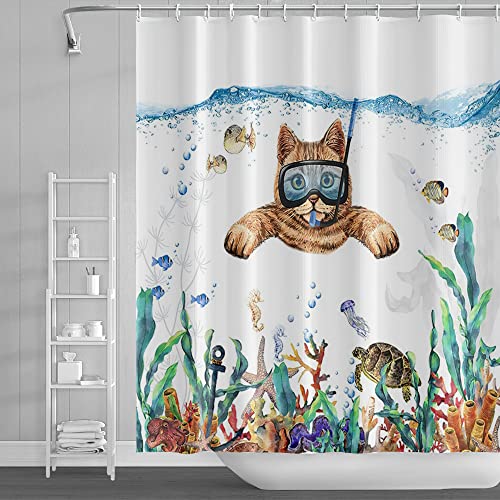 SDOTPMT 122 x 183 cm gato divertido nadar debaixo d'água cortinas de duche mundo oceânico tartaruga de mar polvo peixe erva do mar cortina de banho para crianças crianças cortina de banho com ganchos