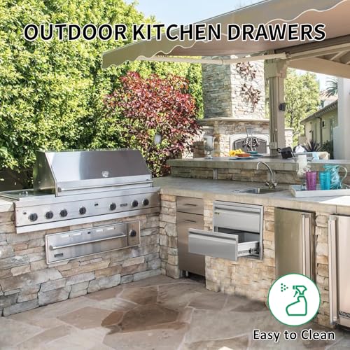 Image of Outdoor Kitchen Drawers 18 inch W x 13 inch H x 21 inch D Stainless Steel Double Drawers with Hidden Handle for BBQ Island, Patio Grill Station & Outdoor Kitchen Cabinets